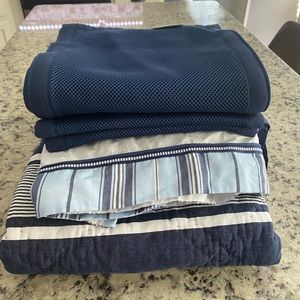 Pottery Barn Kids Navy Blue Striped Crib Quilt, Crib Bedskirt, Sheet & Bumper